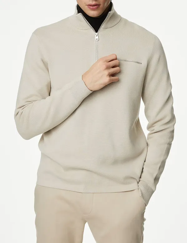 Cotton Rich Funnel Neck Half Zip Jumper